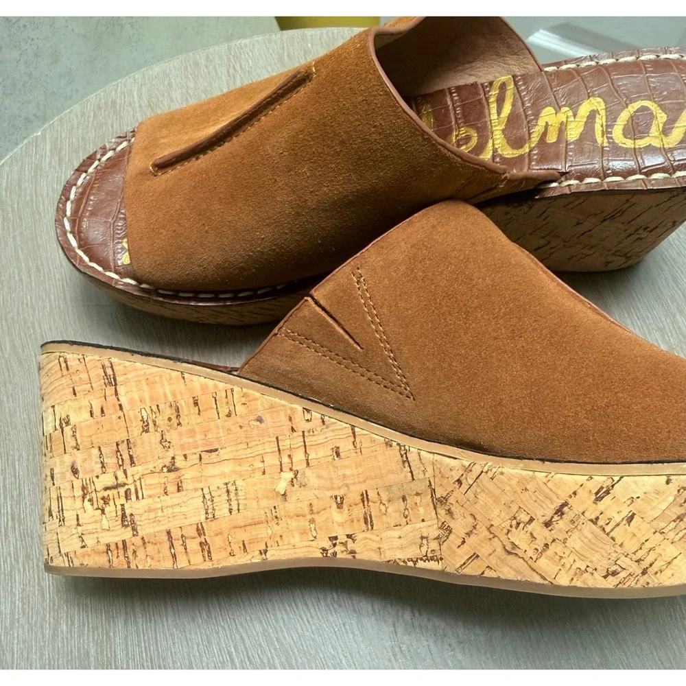 Sam Edelman 8  Womens Boho Ranger Brown Suede Cork Wedge Platform Slide Sandals